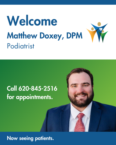 Ad picture of Matthew Doxey, DPM Podiatrist. Call 620-845-2516 for appointments